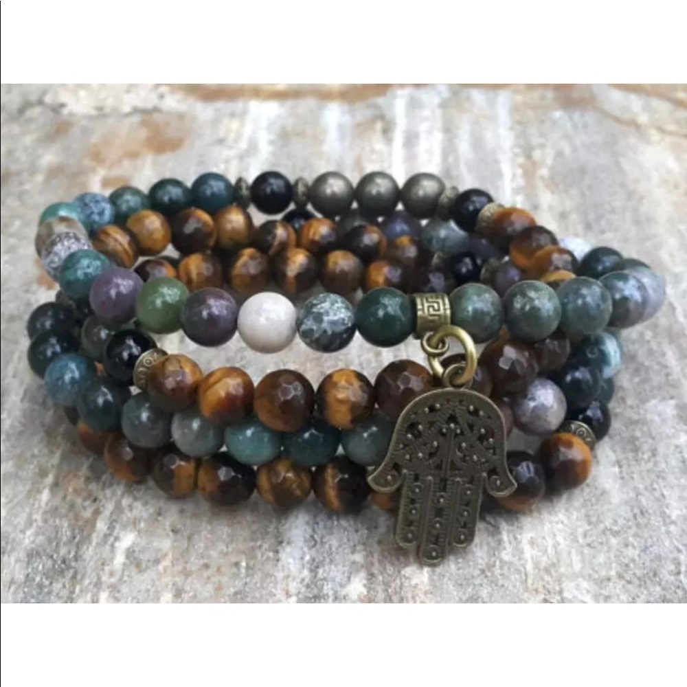 Mixed gemstone Mala with bronze Hamsa - Picture 2 of 6